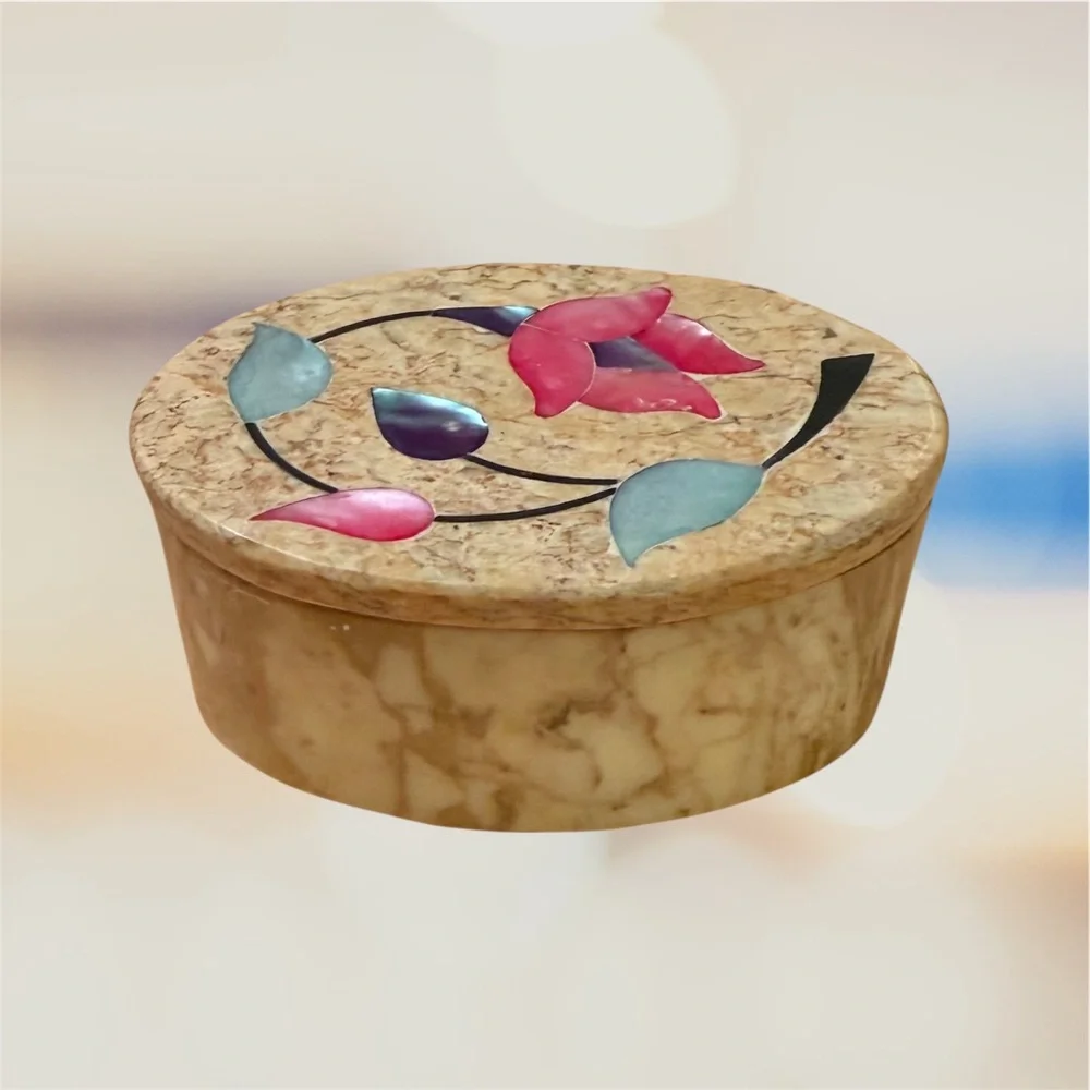 Oval Soapstone and Marble Floral Mother of Pearl Trinket Jewelry Keepsake Box